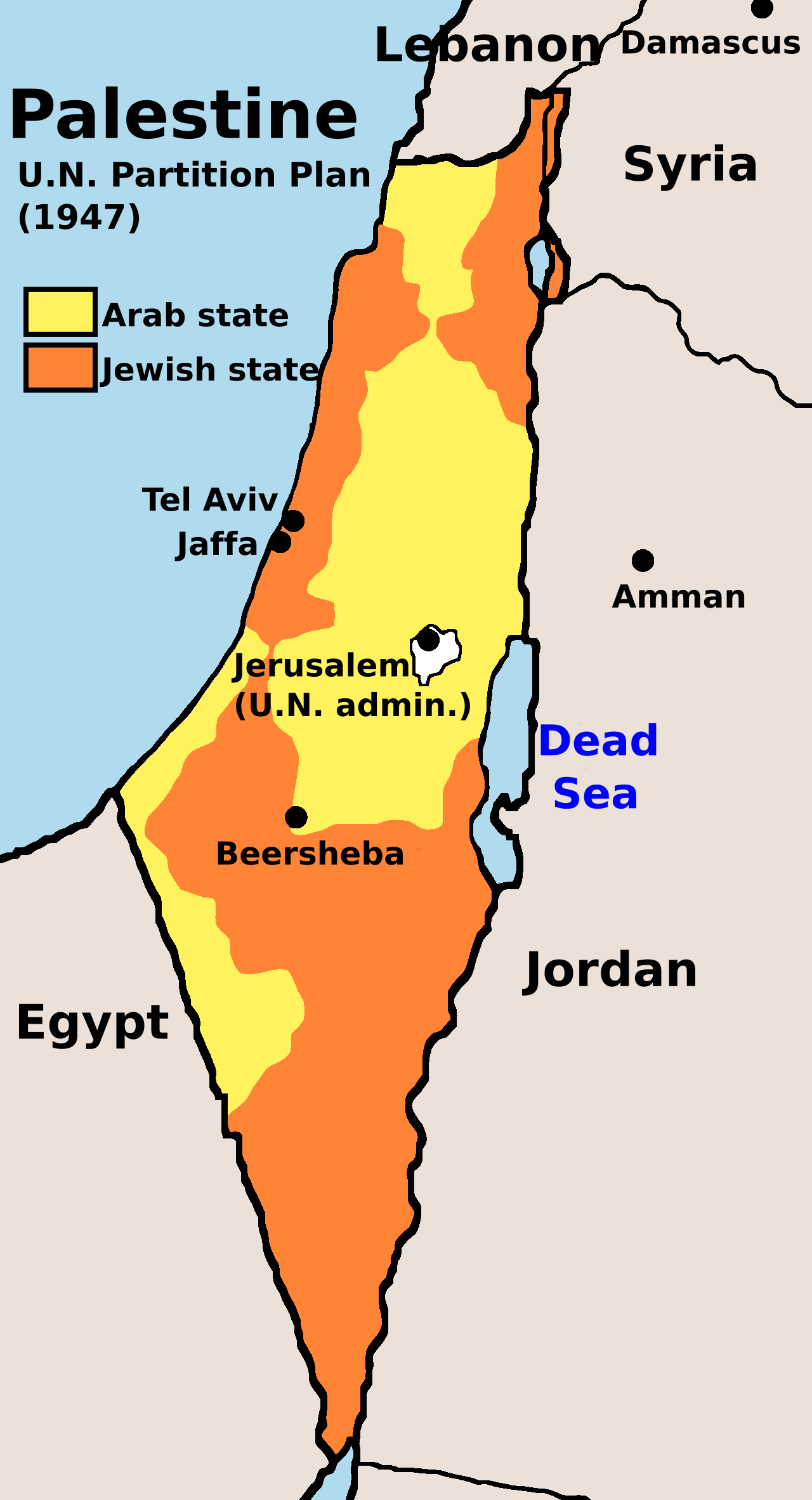 Mapa del Plan de Partición de Palestina de la ONU en 1947, mostrando la división entre el estado judío y el estado árabe