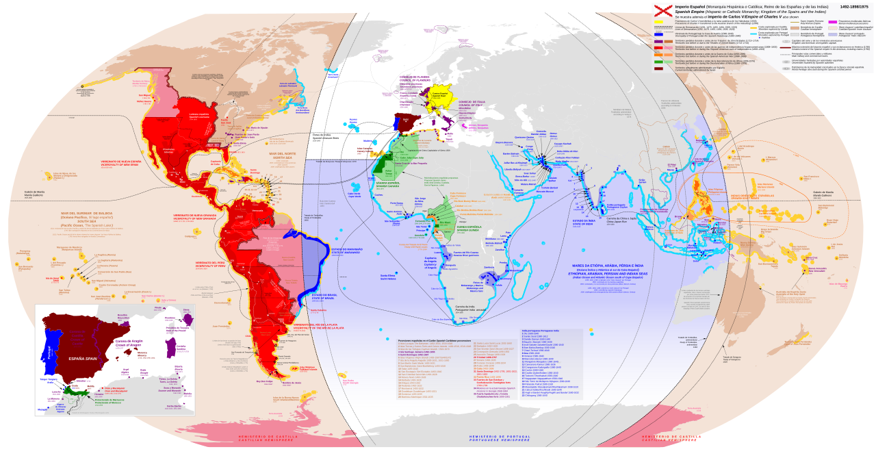 Mapa del Imperio Español en su máxima extensión histórica, símbolo de la primera superpotencia global y de su desmembramiento geopolítico